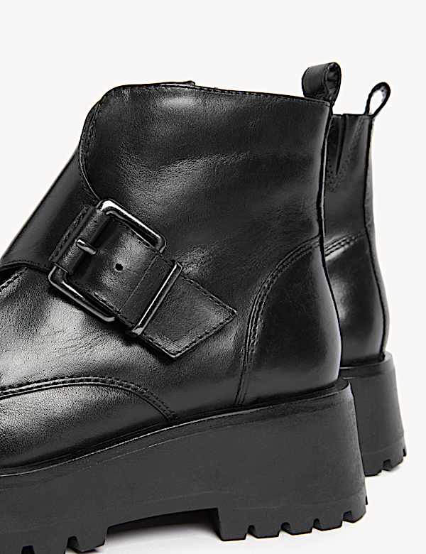 Leather Chunky Buckle Flat Ankle Boots - IT