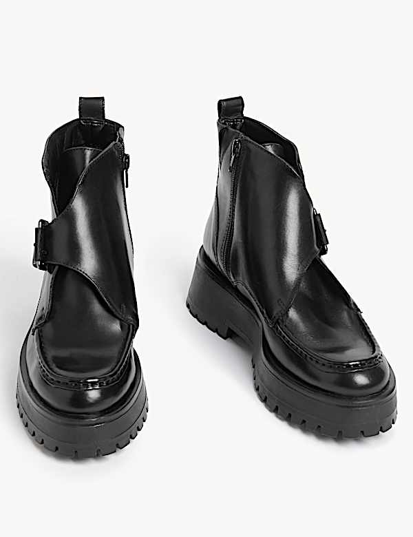 Leather Chunky Buckle Flat Ankle Boots - IT