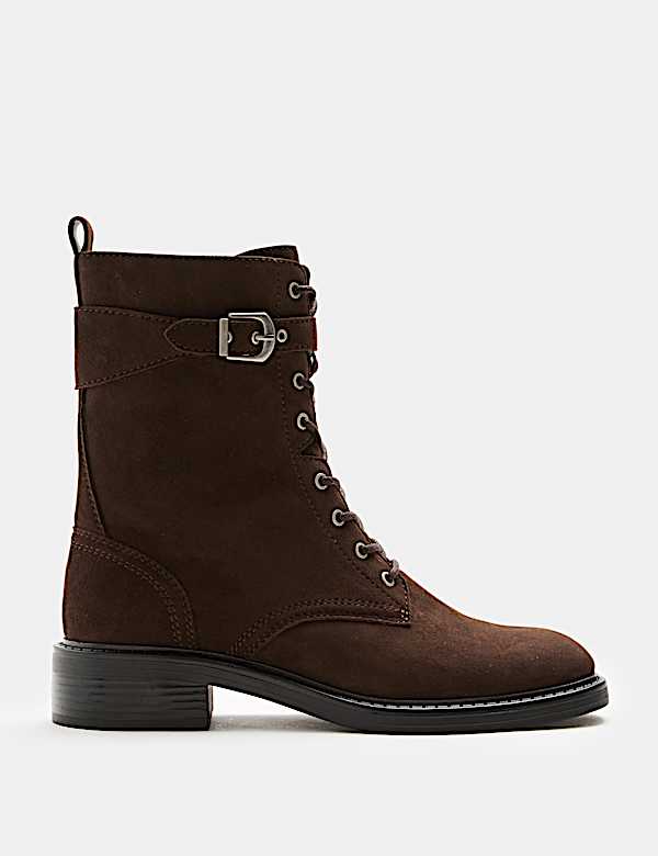 Suede Lace Up Block Heel Ankle Boots - AU
