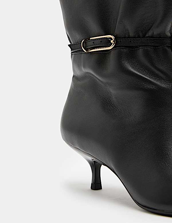 Leather Buckle Ruched Kitten Heel Boots - BG