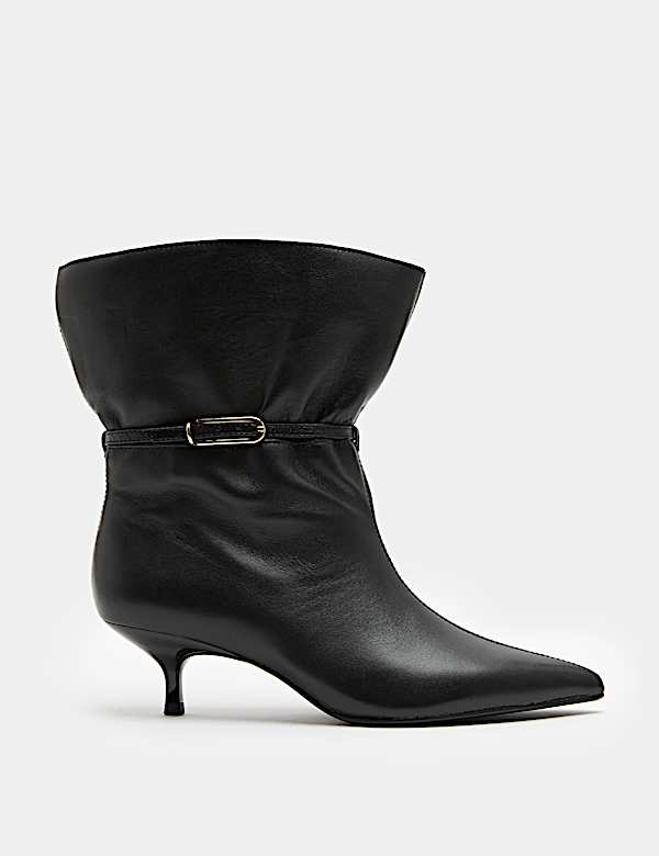 Leather Buckle Ruched Kitten Heel Boots - BG