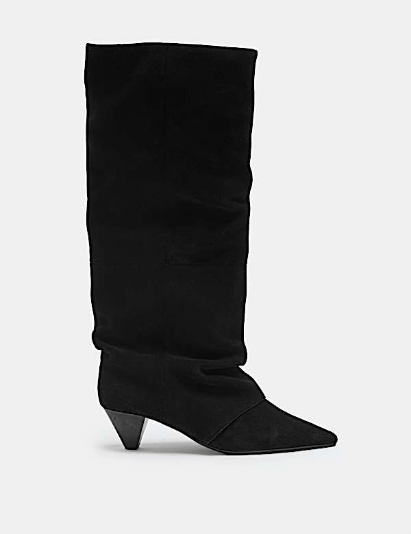 Suede Slouchy Kitten Heel Knee High Boots - IS