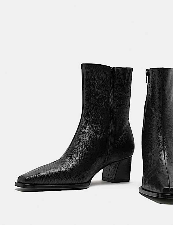 Leather Block Heel Chisel Toe Ankle Boots - TW