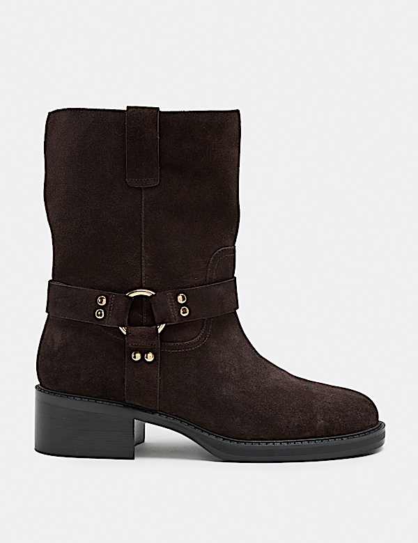 Suede Biker Block Heel Mid Calf Boots - TW