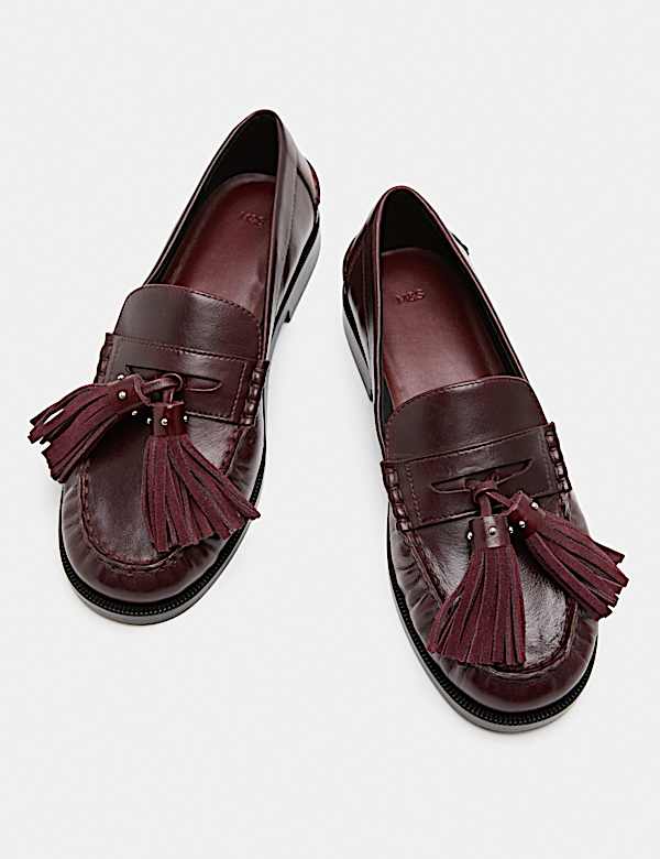 Leather Chunky Tassel Block Heel Round Toe Loafer - NZ