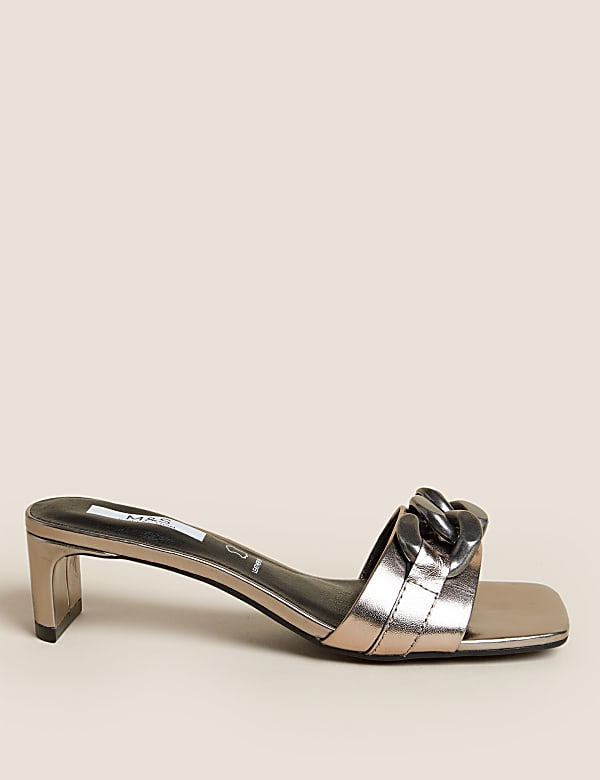 Leather Chain Detail Open Toe Mules