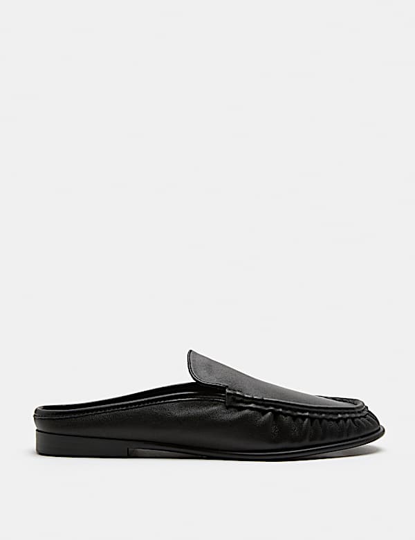 Leather Ruched Backless Flat Loafers - BG