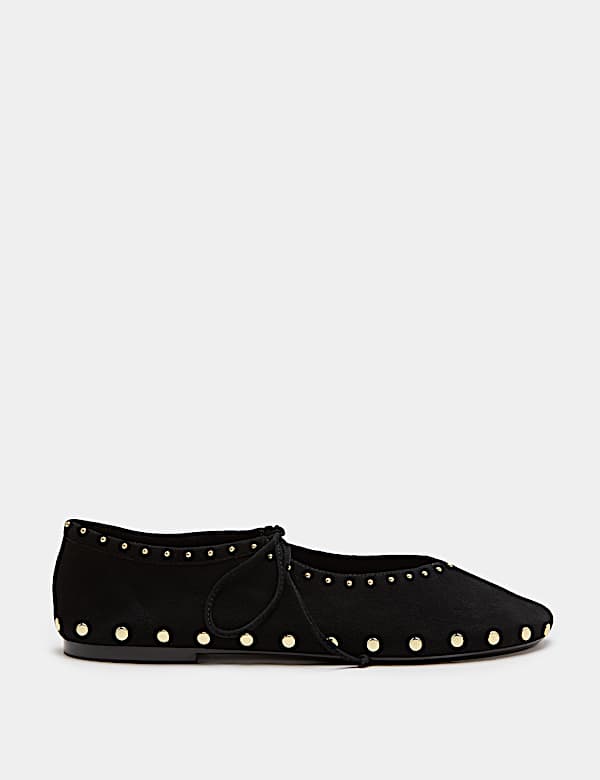 Suede Studded Tie Ballet Pumps - MV