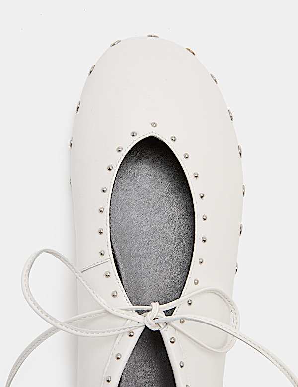 Leather Studded Tie Ballet Pumps - RO