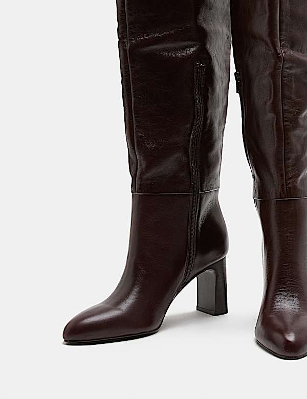 Leather Block Heel Over the Knee Boots - CA