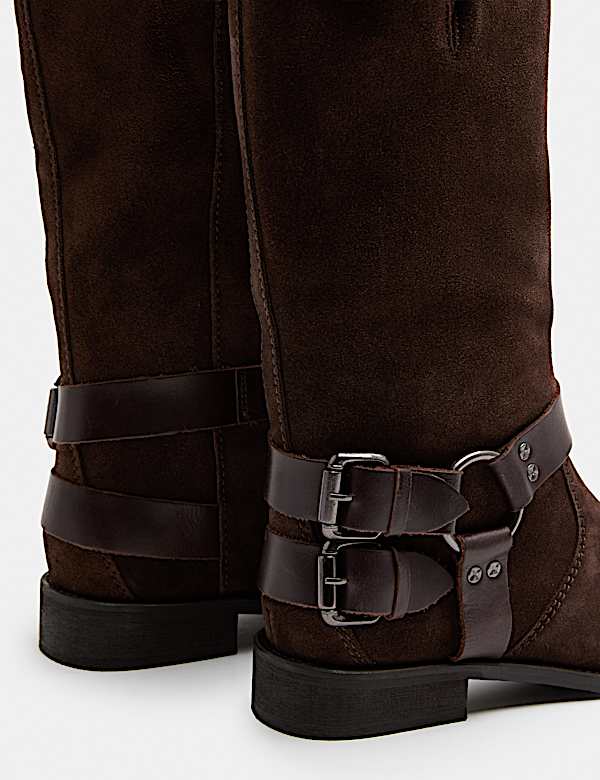 Suede Biker Buckle Block Heel Mid Calf Boots - AU