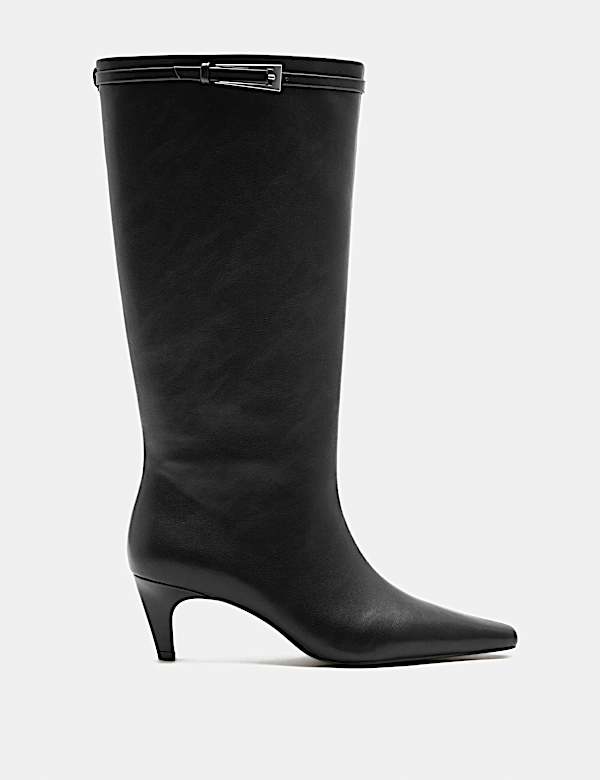 Buckle Kitten Heel Pointed Toe Knee High Boot - AU