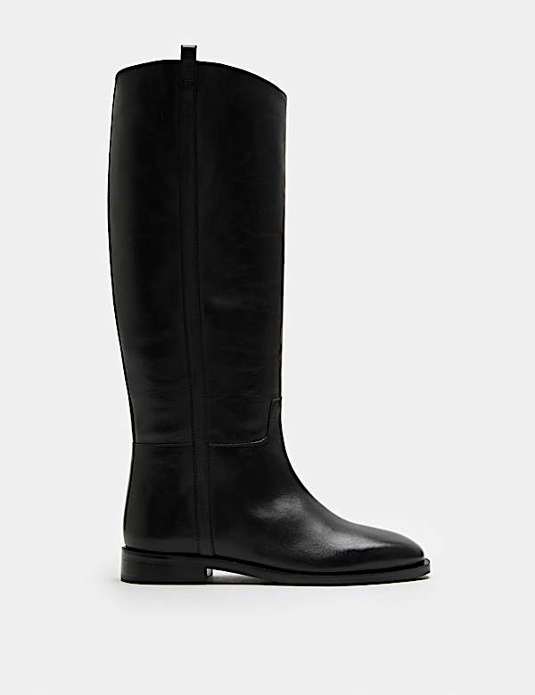Leather Riding Block Heel Knee High Boots - CA