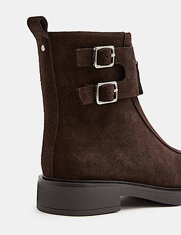 Suede Buckle Block Heel Round Toe Ankle Boot - JP