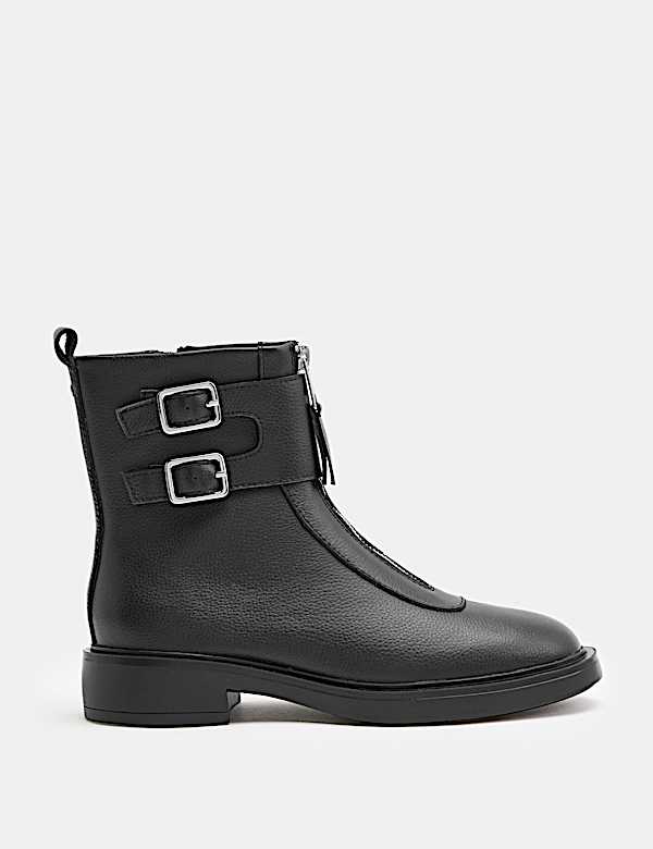 Leather Biker Buckle Block Heel Round Toe Boot - TW