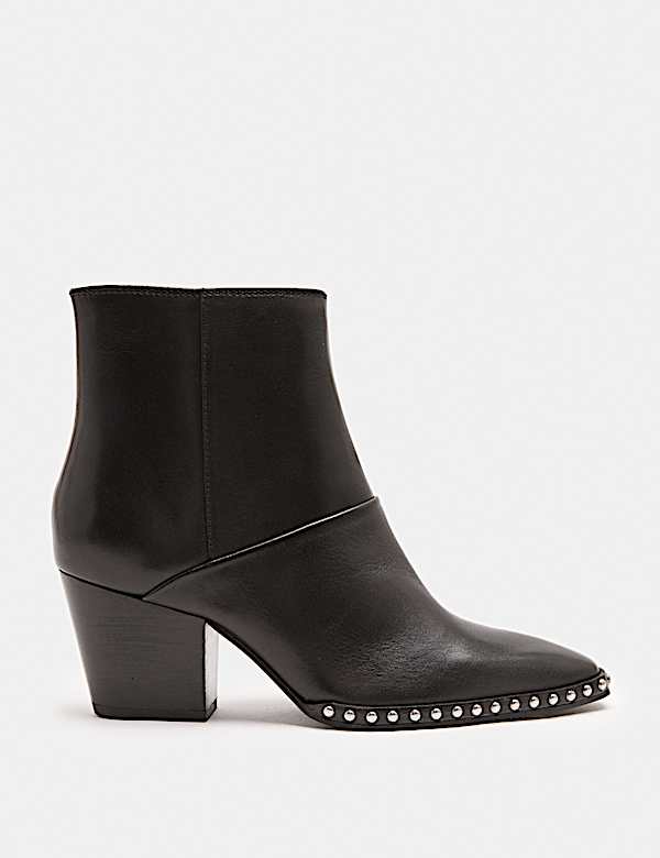 Leather Studded Block Heel Pointed Toe Ankle Boots - CH