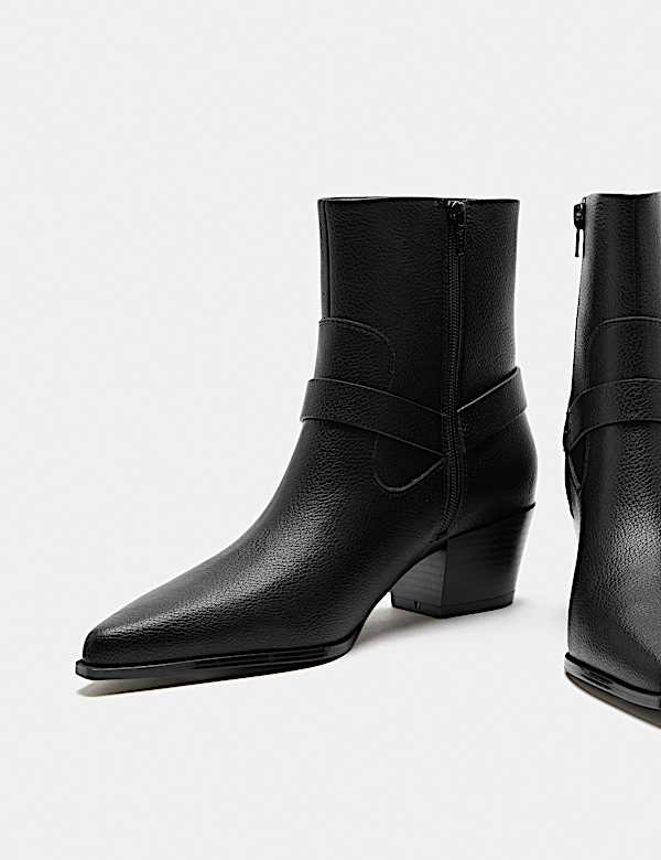 Buckle Block Heel Pointed Toe Ankle Boots - NZ
