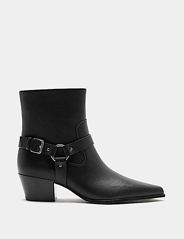 Buckle Block Heel Pointed Toe Ankle Boots - NZ