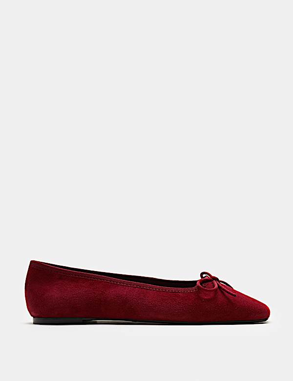 Suede Bow Square Toe Ballet Pumps - GR