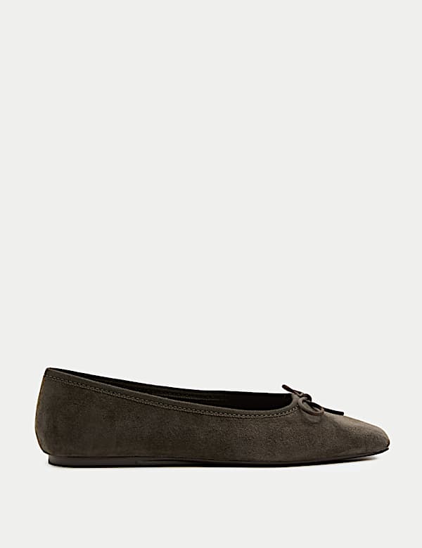 Suede Bow Square Toe Ballet Pumps - CZ