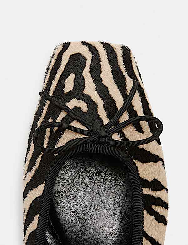Leather Zebra Print Flat Square Toe Ballet Pumps - MX