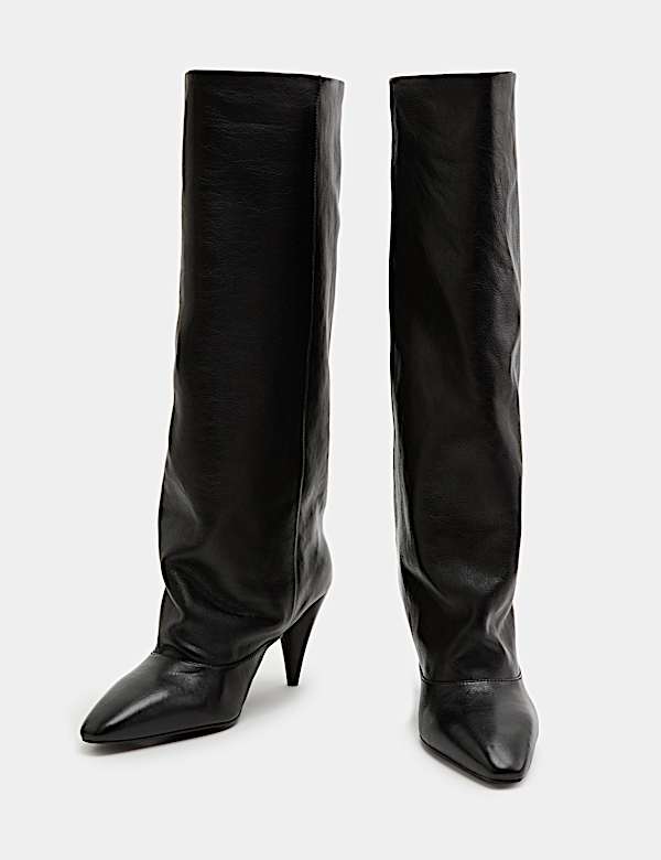Leather Ruched Stiletto Heel Knee High Boots - AL