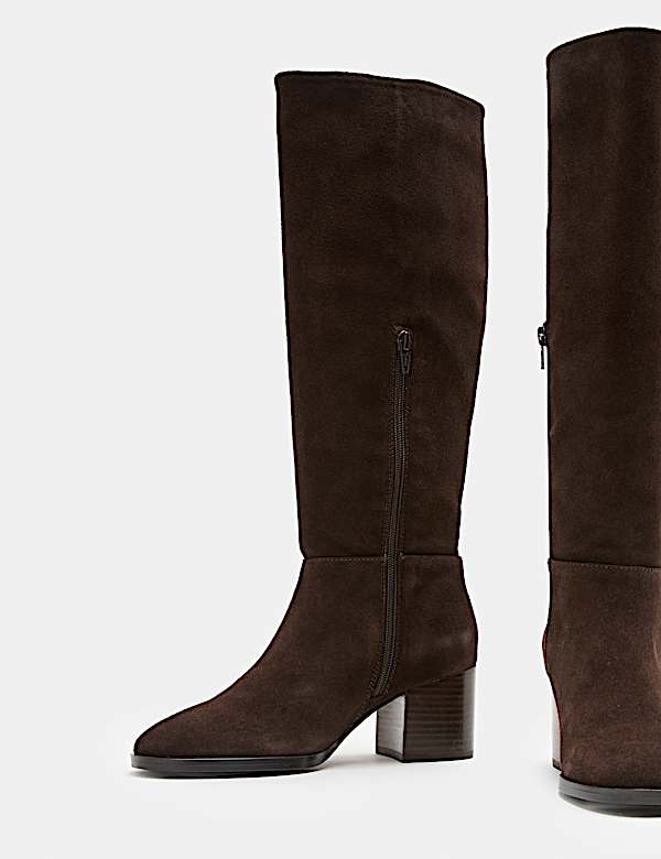 Suede Block Heel Knee High Boots - CH