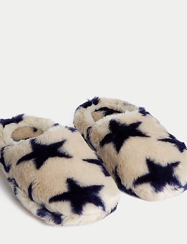 Faux Fur Star Round Toe Mule Slippers - EE