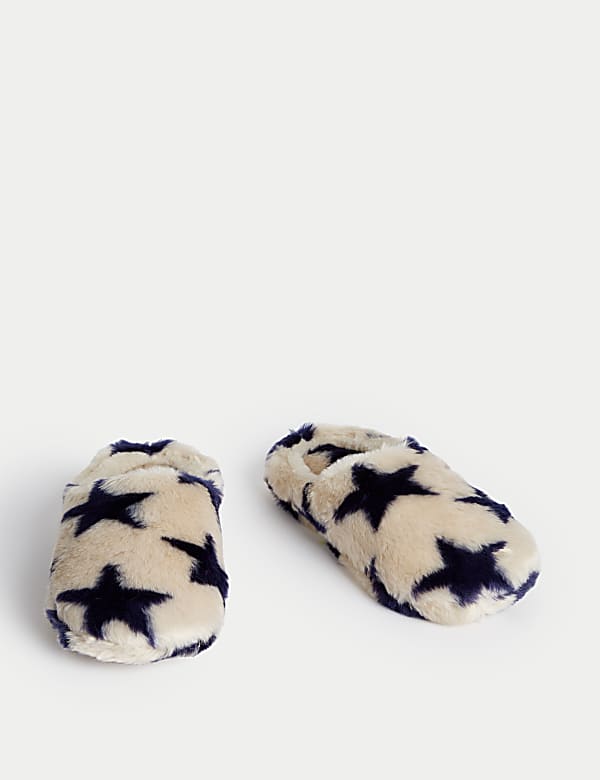Faux Fur Star Round Toe Mule Slippers - EE