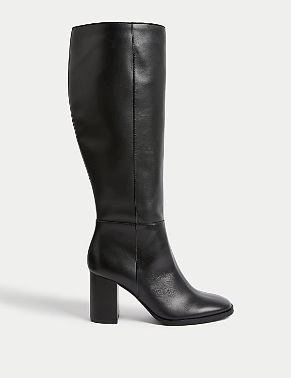 Leather Block Heel Knee High Boots - RS