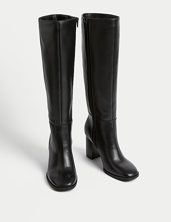 Leather Block Heel Knee High Boots - CH