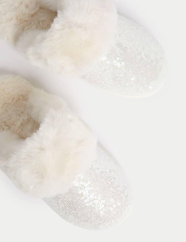 Sequin Faux Fur Cuff Mule Slippers - BN