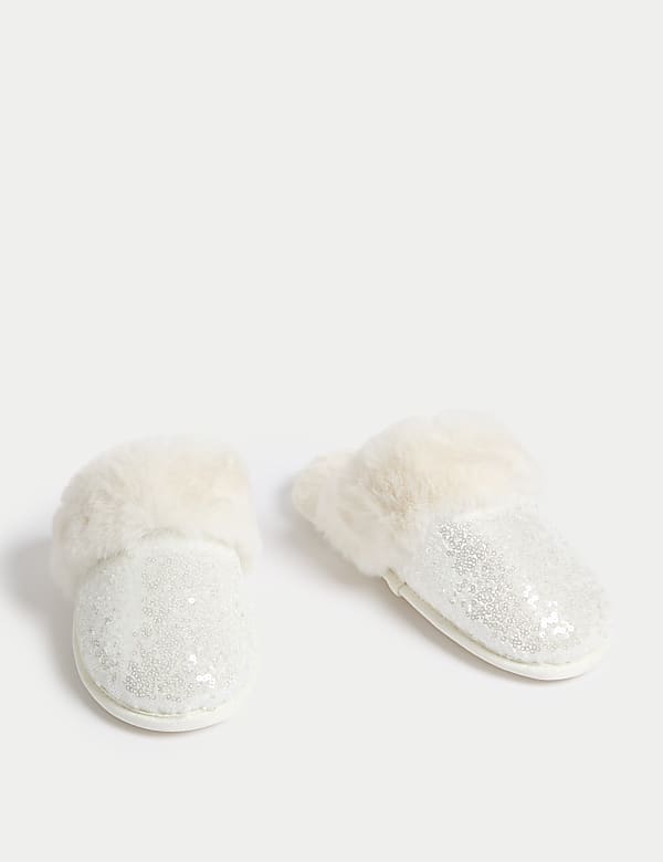 Sequin Faux Fur Cuff Mule Slippers - BN