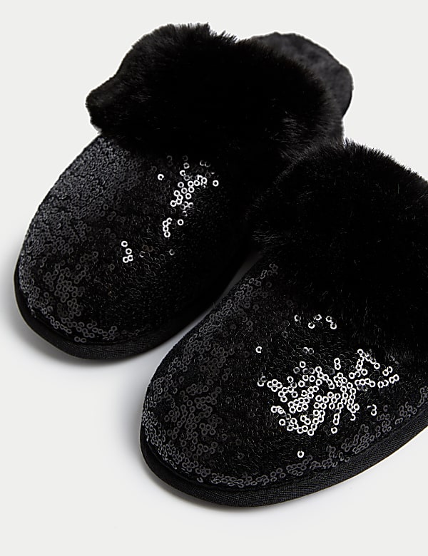 Sequin Faux Fur Cuff Mule Slippers - CA