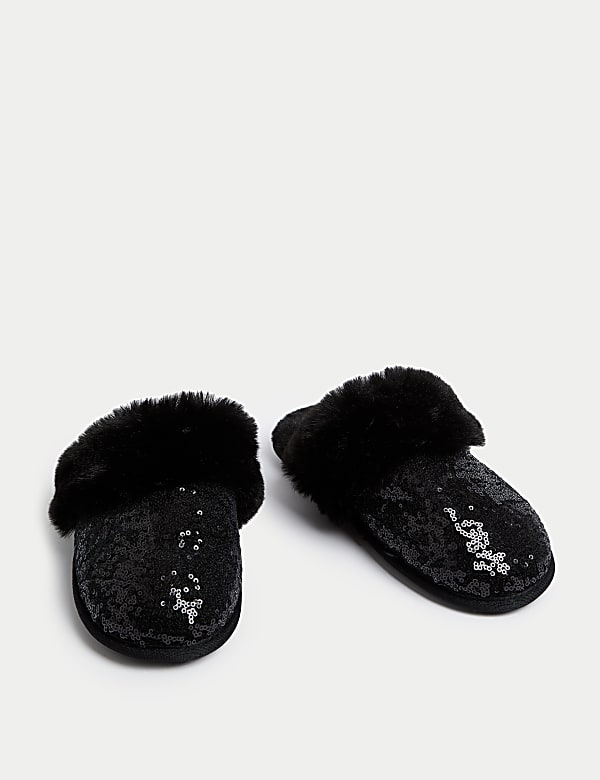 Sequin Faux Fur Cuff Mule Slippers - CA