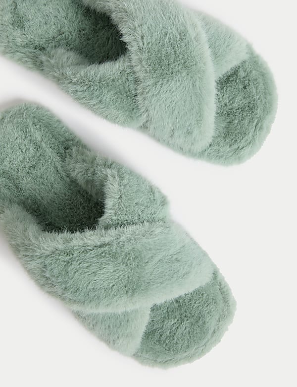 Faux Fur Crossover Open Toe Slippers - RO