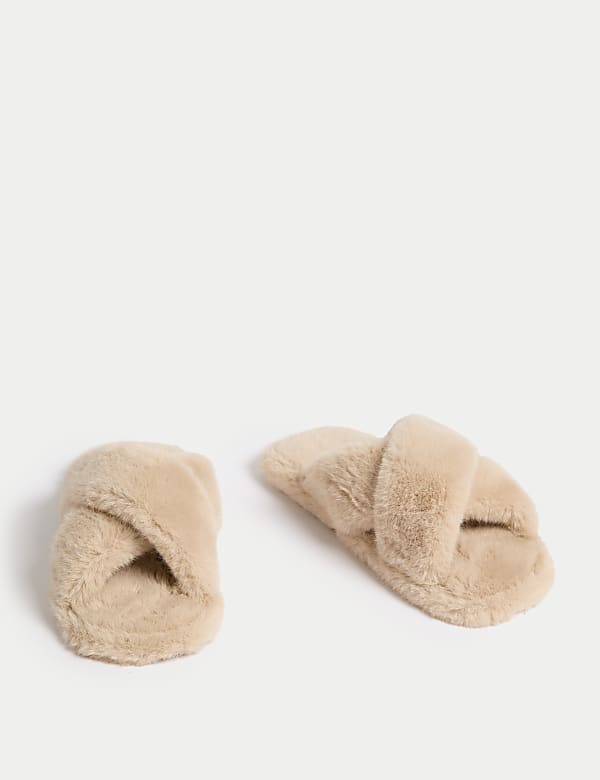 Faux Fur Crossover Open Toe Slippers - PT