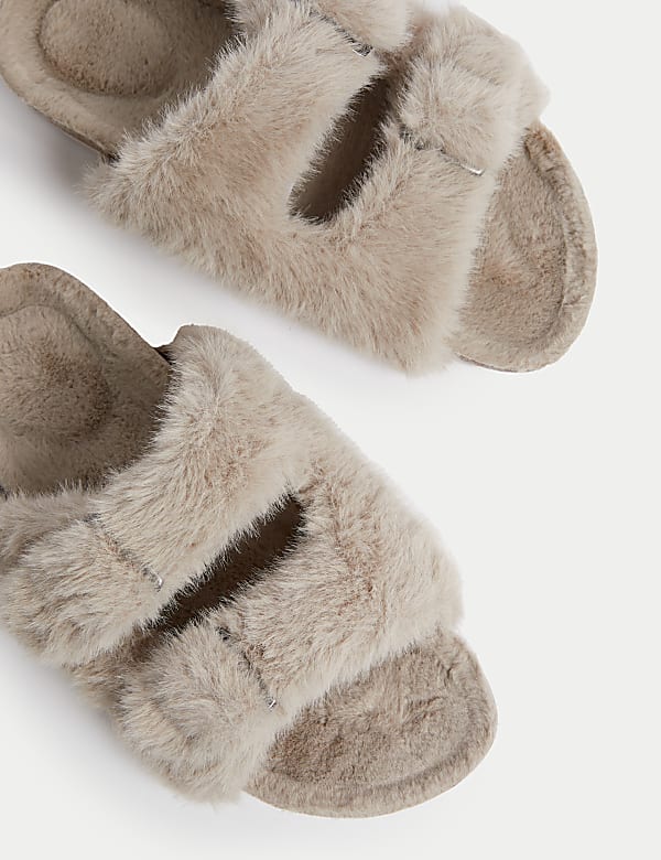 Faux Fur Buckle Slider Slippers - BN
