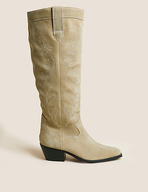 Suede Western Block Heel Knee High Boots