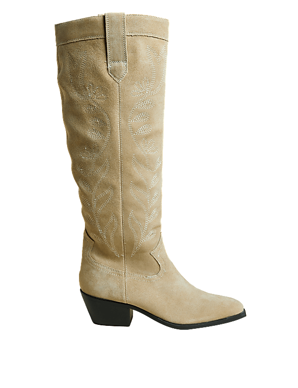Suede Western Block Heel Knee High Boots