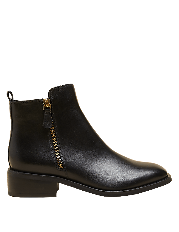 Leather Block Heel Square Toe Ankle Boots