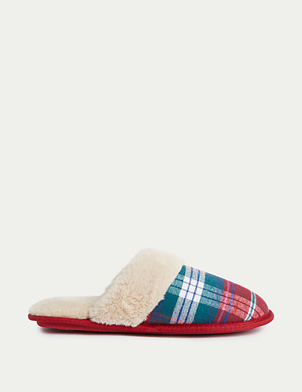 Checked Faux Fur Lined Mule Slippers - FR