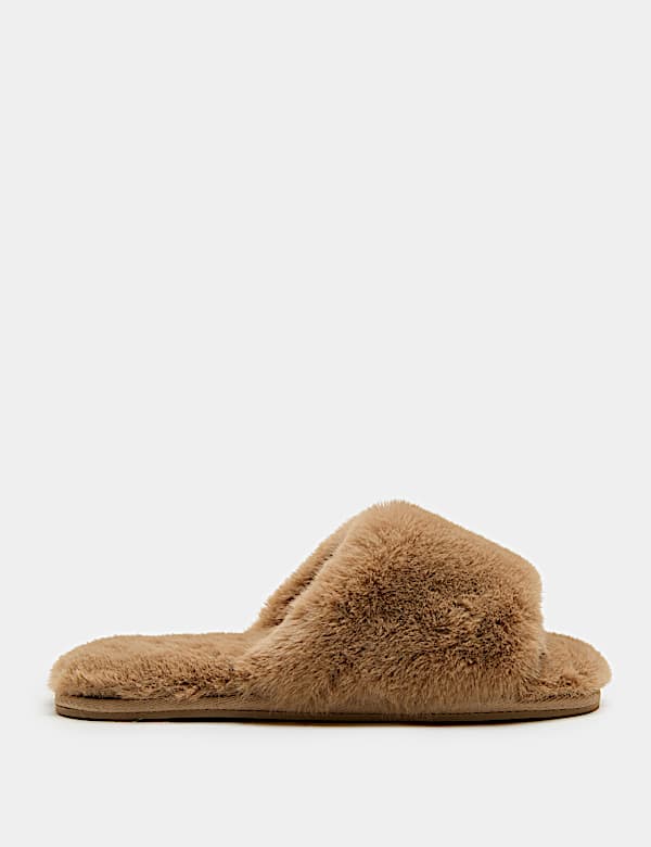 Faux Fur Open Toe Slider Slippers - HU