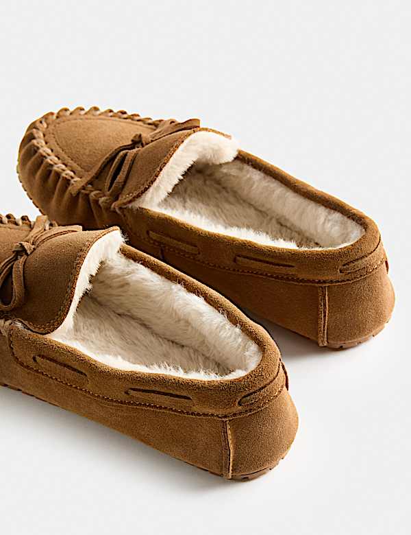 Suede Faux Fur Lined Moccasin Slippers - CY