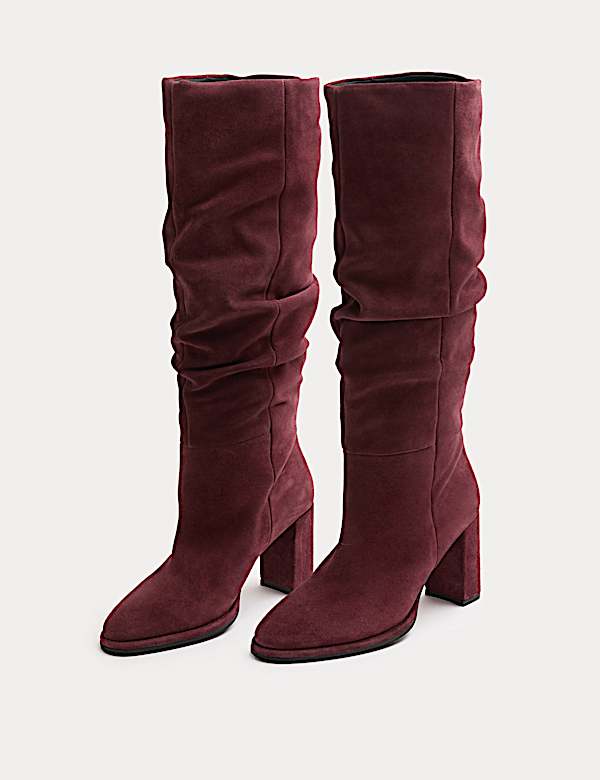 Suede Ruched Block Heel Knee High Boots - NO