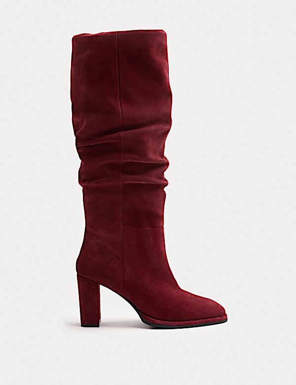 Bottes en daim hauteur genou à talons carrés et volant - CH