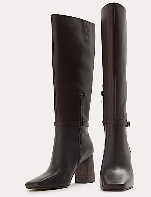 Leather Block Heel Knee High Boots - CA