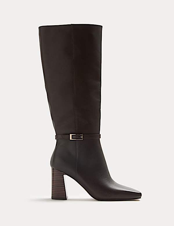 Leather Block Heel Knee High Boots - CA