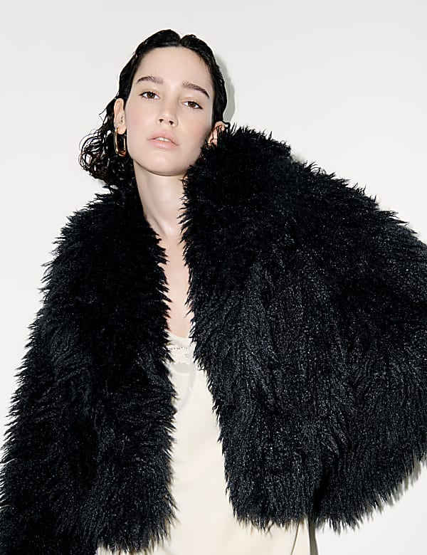 Fluffy black jacket sales