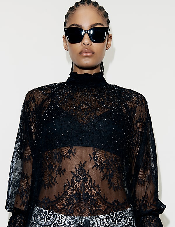 Lace High-Neck Long-Sleeved Top - BE